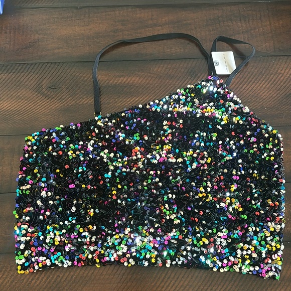 NWT Bu Anthropologie Sequin Halter Top - Black Multicolor - Picture 2 of 8